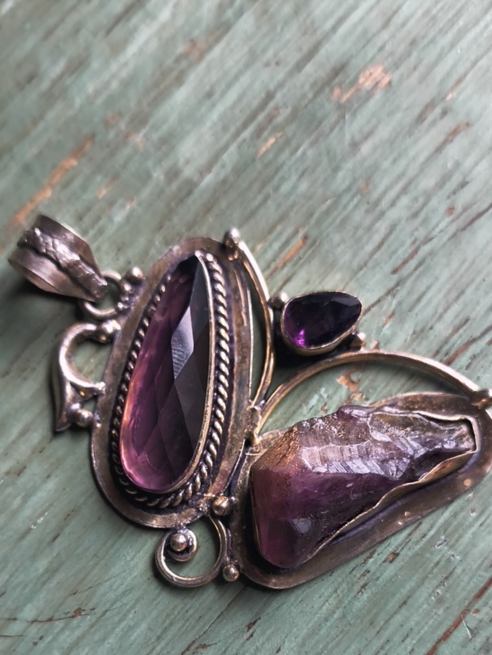 Triple Amethyst .925 Silver Pendant .  Fairy Angel Butterfly Unique Boho Chic